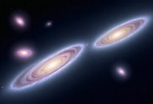 Image depicting a cluster of galaxies, showcasing their diverse shapes and structures against a backdrop of cosmic darkness.