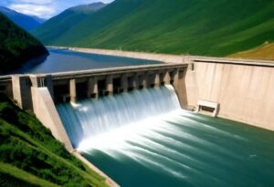 Hydropower plant generating renewable energy from flowing water, a sustainable energy source.