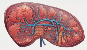 Medical illustration showing the progression of alcoholic liver disease, including liver inflammation, fibrosis, and cirrhosis due to excessive alcohol consumption.