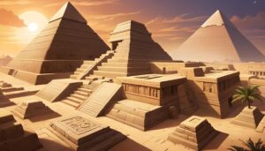 Ancient Egyptian civilization: pyramids, pharaohs, hieroglyphics, and the Nile River.