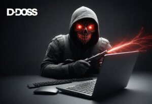 An illustration of a hacker controlling multiple devices to launch a DDoS attack.