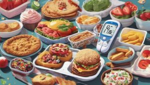 Image depicting a variety of foods alongside a diabetic meter, symbolizing the importance of dietary choices and blood sugar monitoring in managing diabetes.