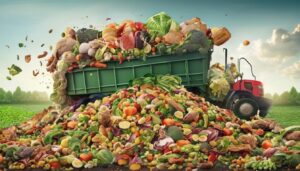 A photograph of wasted food being sorted for disposal, illustrating the inefficiencies within the global food system.