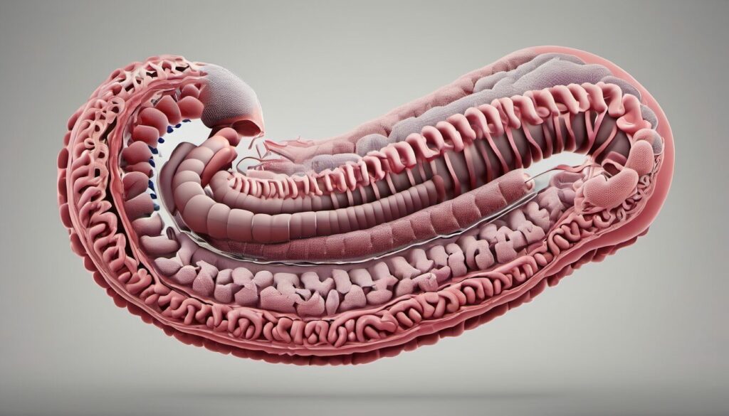 An anatomical illustration showing the small and large intestines, highlighting their coiled structure and segmented divisions.