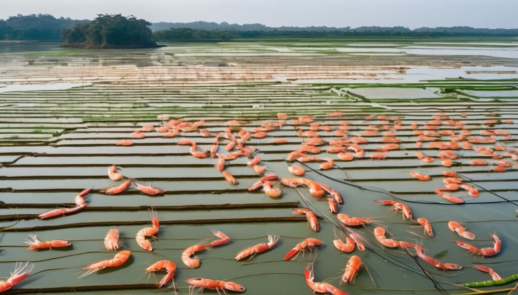 An aerial view of shrimp ponds, showcasing shrimp farming practices.