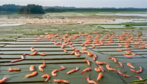 An aerial view of shrimp ponds, showcasing shrimp farming practices.
