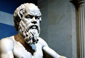 Statue of Socrates, the ancient Greek philosopher, depicted in a thoughtful pose with a beard and draped in traditional attire.