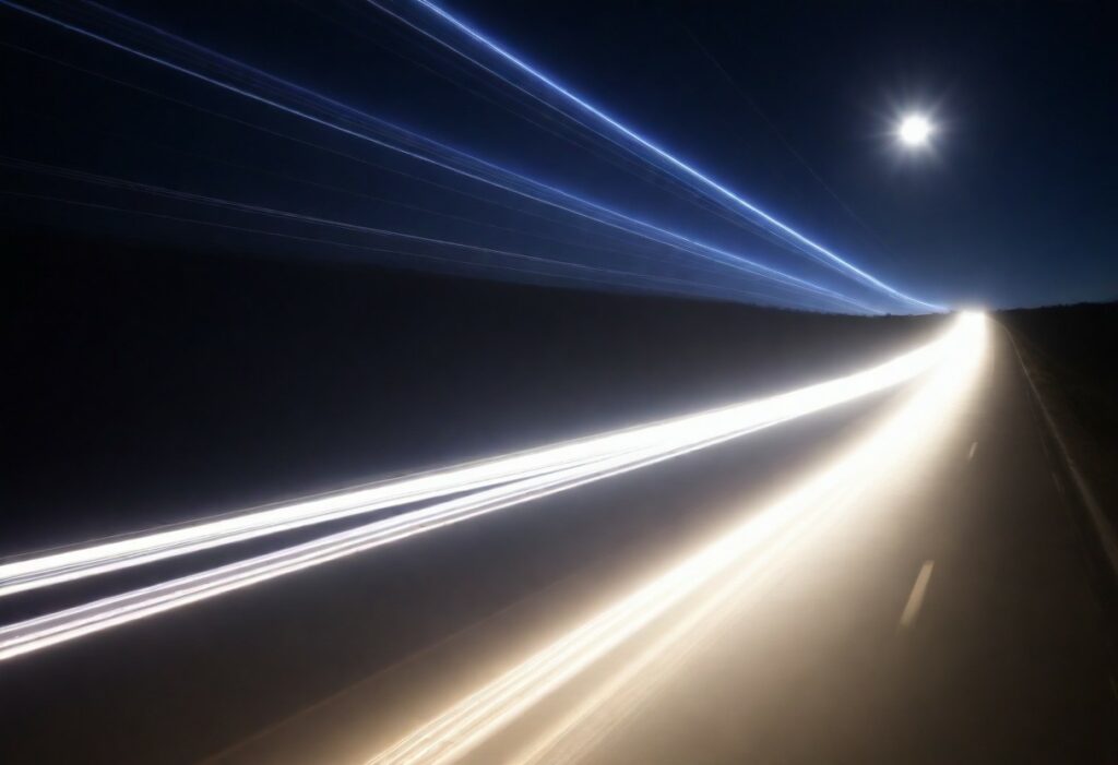 Visualization representing the concept of the speed of light, featuring light rays moving at a constant and incredibly fast pace.
