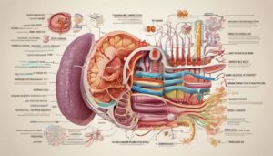 An illustration depicting the digestive system, showcasing the interconnected organs and processes involved in digestion, nutrient absorption, and waste elimination.