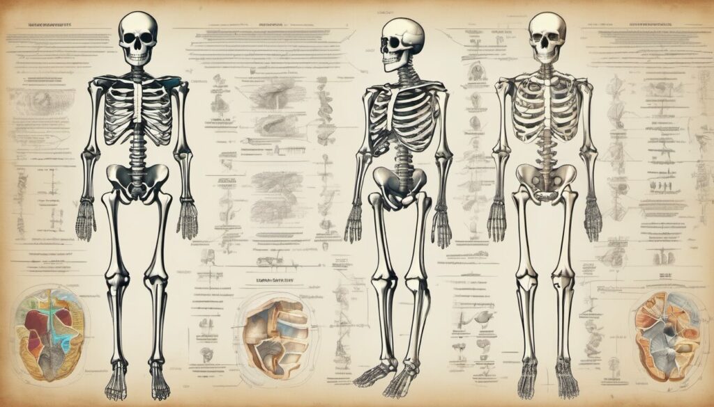An illustration of the human skeletal system, showcasing bones in various shapes and sizes, providing support, protection, and mobility.