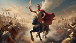 Alexander the Great astride his horse, leading his troops into battle.