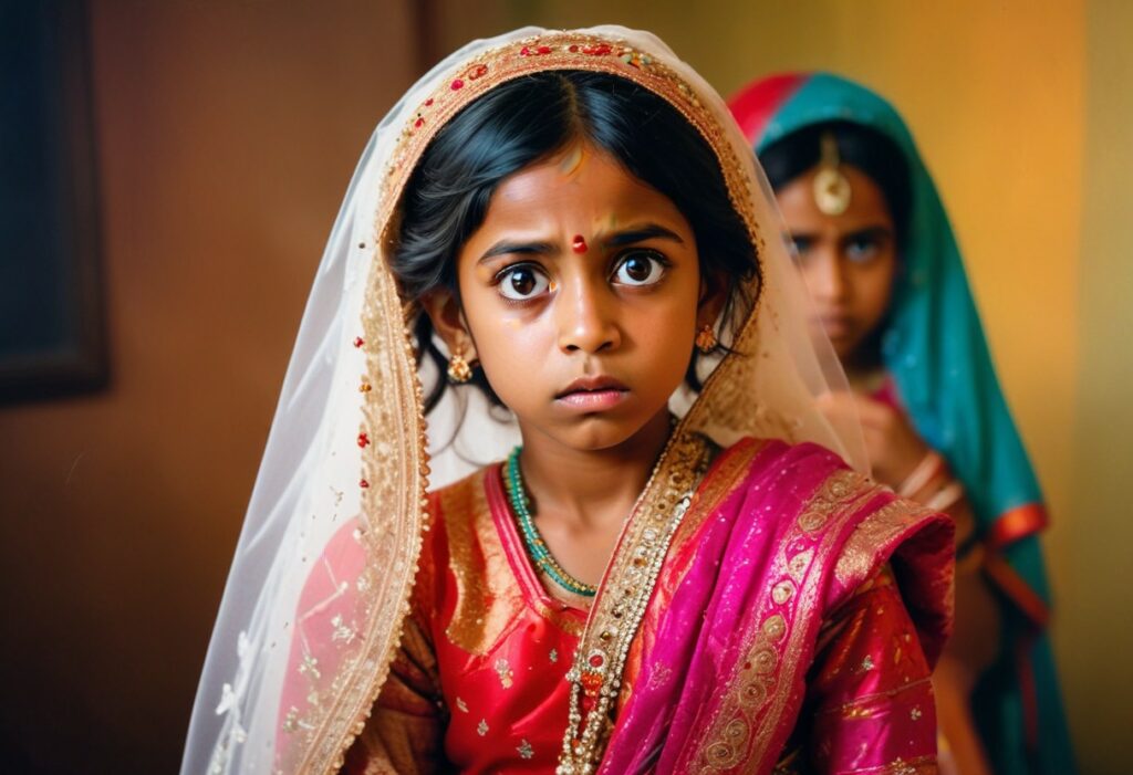 A young girl in a traditional wedding dress, symbolizing the concept of a child bride.