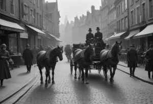 Street view of bustling 19th-century city life, showcasing horse-drawn carriages, pedestrians in period attire, and Victorian architecture.