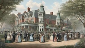 Victorian-era crowd congregating outside, adorned in period attire, amidst bustling streets and historic architecture.